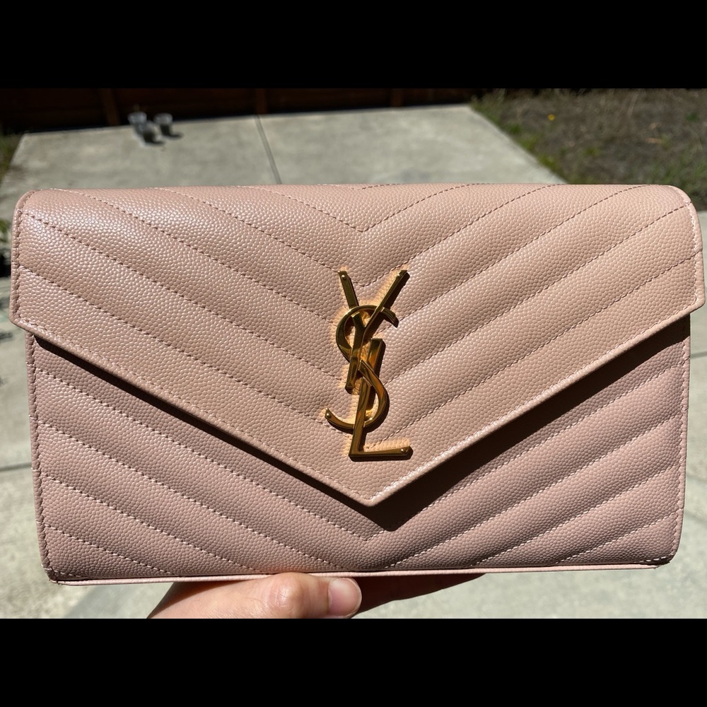 Saint Laurent Monogram Chain Wallet Pale Pink GHW